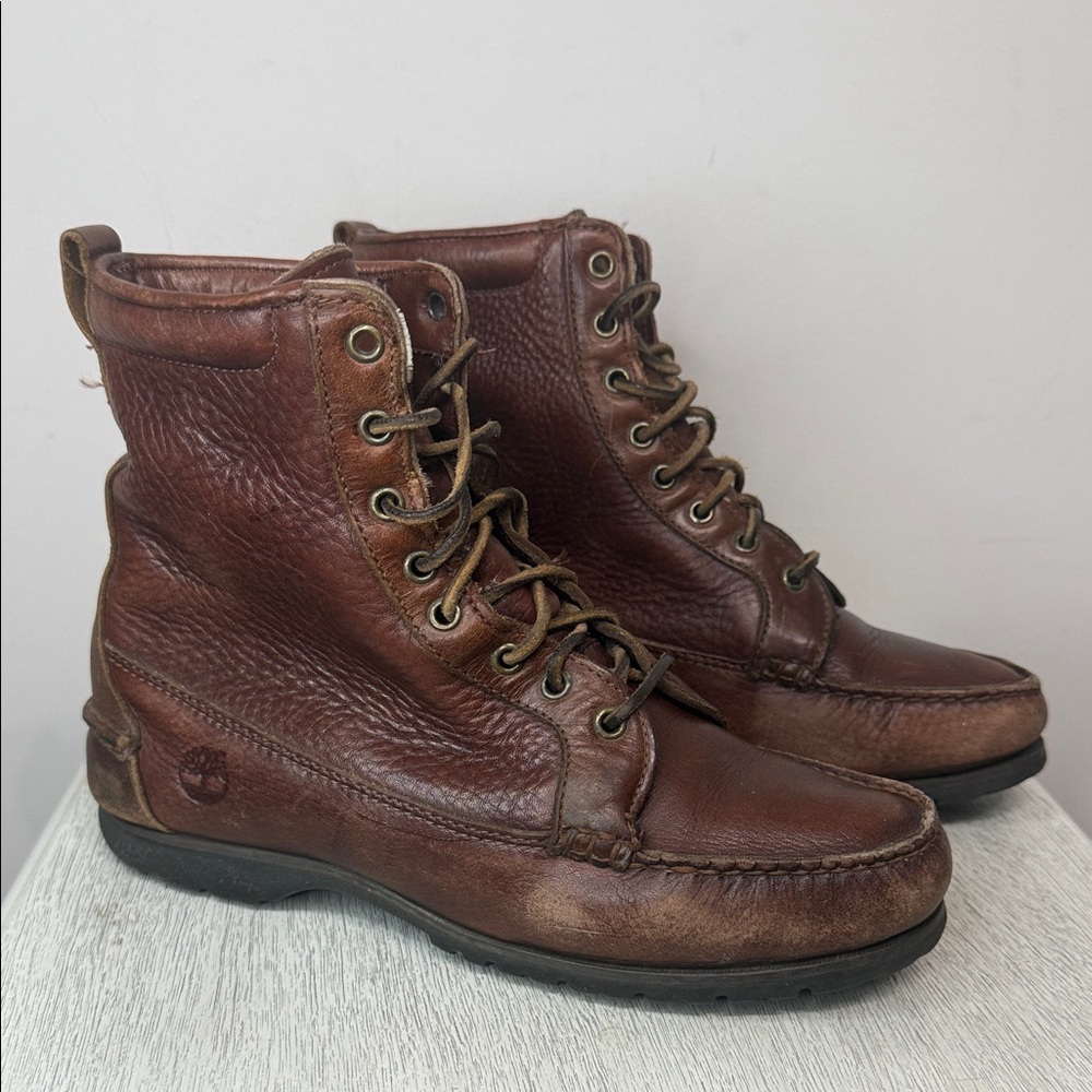 Timberland Women’s Brown Leather Lace-Up Ankle Boots – Moc Toe | Size 7.5 Y2K